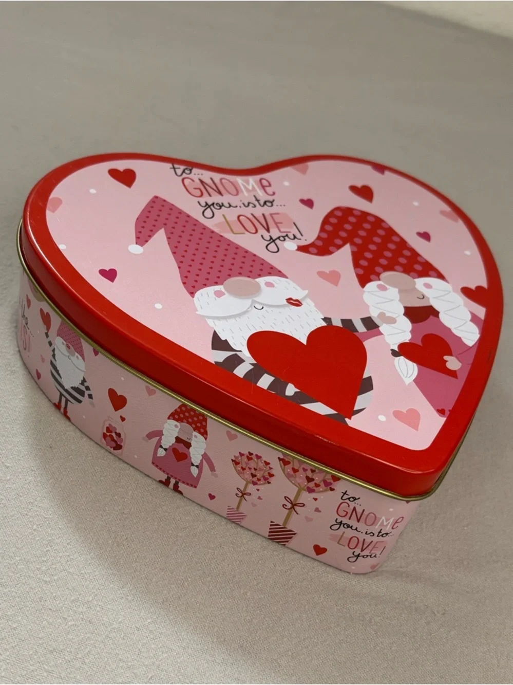 Heart-Shaped Gnome Storage Tin in Pink & Red 
